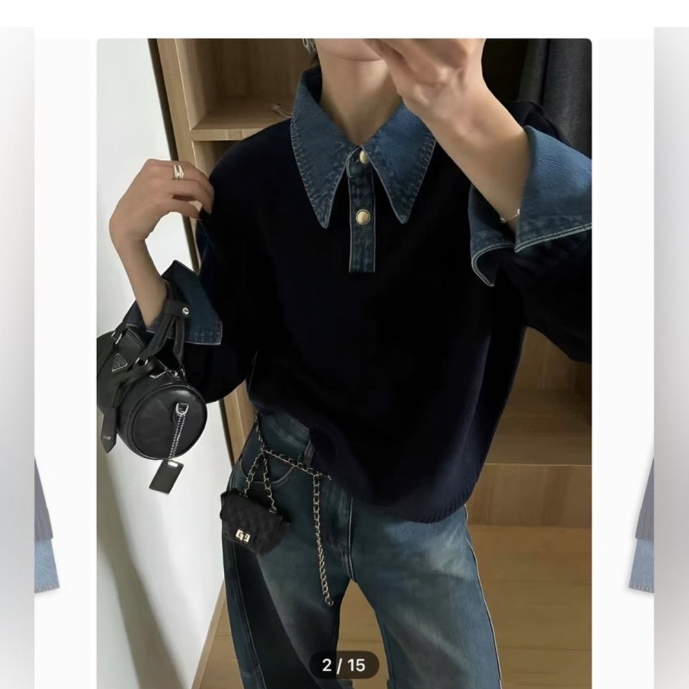 Commense Black Sweater with Denim Collar and Cuffs
